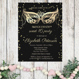 Invitation Carte Postale Masquerade Gold Diamonds Sweet 16
