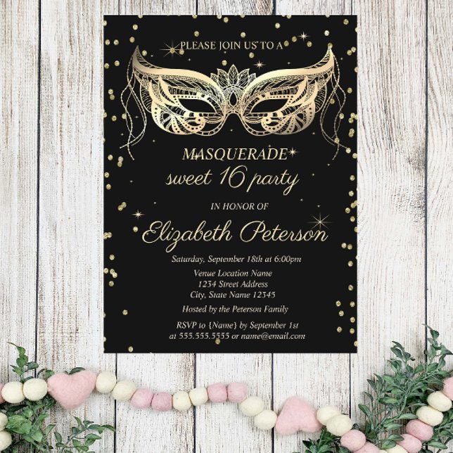 Invitation Carte Postale Masquerade Gold Diamonds Sweet 16 (Créateur téléchargé)