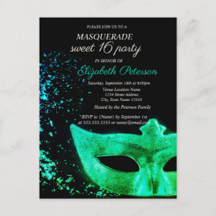 Invitation Carte Postale Masquerade Green Masque Black Sweet 16 