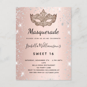 Invitation Carte Postale Masquerade rose or argent parties scintillant pous