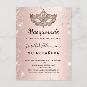 Invitation Carte Postale Masquerade rose or argent parties scintillant Quin