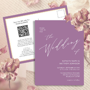 Invitation Carte Postale Mauve QR Code Tout en un Mariage de script moderne