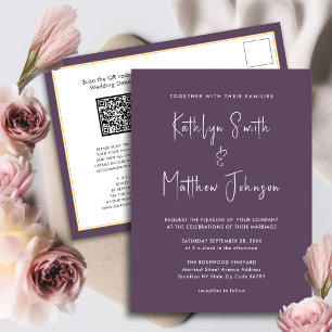 Invitation Carte Postale Mauve QR Code Tout en un Mariage de script moderne