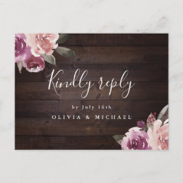 Invitation Carte Postale Mauve violet fleurs de bois rustique mariage rsvp