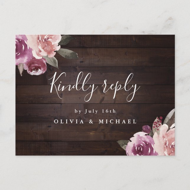 Invitation Carte Postale Mauve violet fleurs de bois rustique mariage rsvp (Devant)