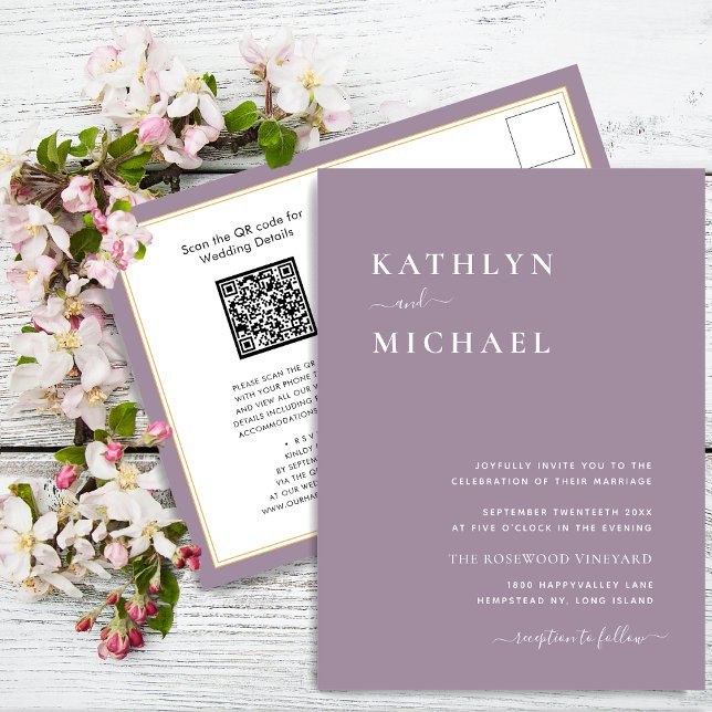 Invitation Carte Postale Mauve violet QR Code Tout en un Mariage moderne (Créateur téléchargé)