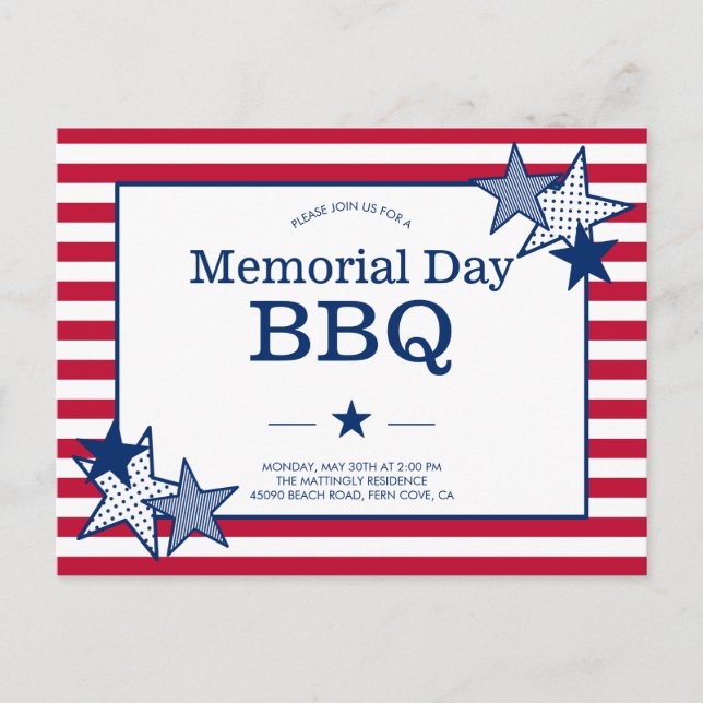 Invitation Carte Postale Memorial Day Stars Stripes Moderne Patriotique BBQ (Devant)
