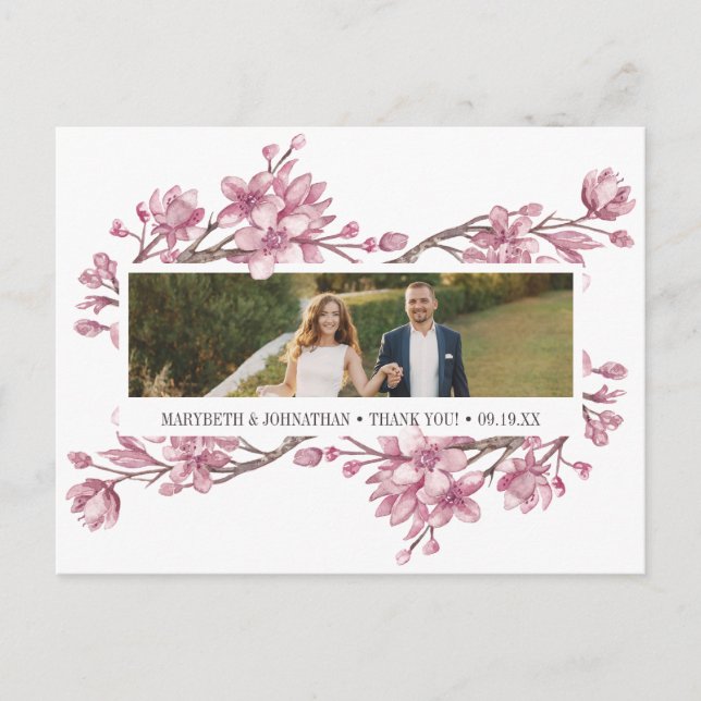 Invitation Carte Postale Merci floral en fleurs de cerisier rose (Devant)