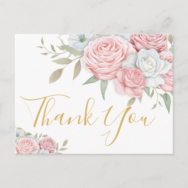Invitation Carte Postale Merci funéraire | Roses blanches roses (Devant)