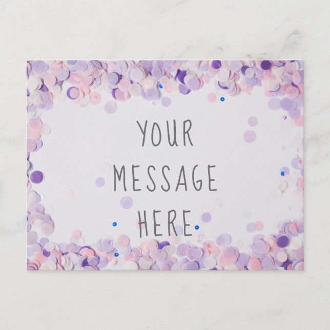 Invitation Carte Postale Message blanc Confetti du Parti de la lavande rose (Devant)