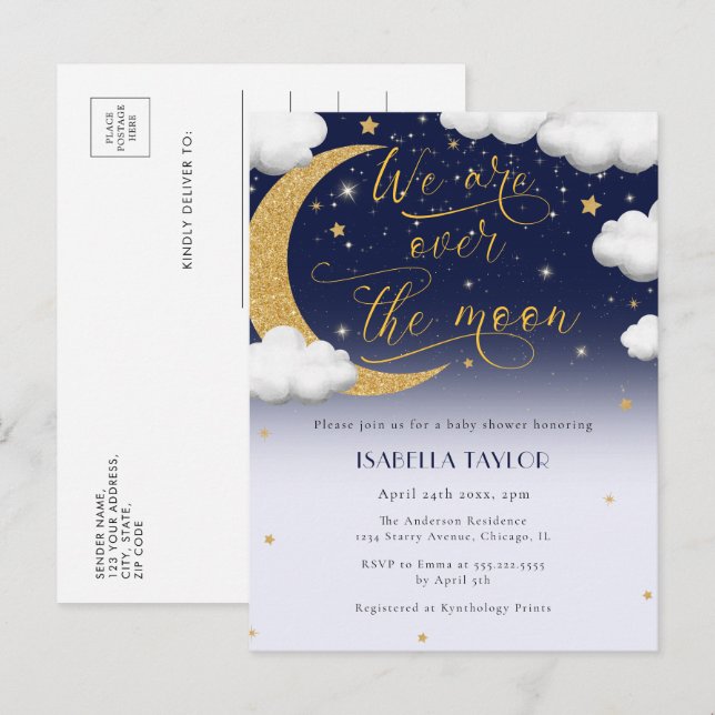 Invitation Carte Postale Mignonne sur le Baby shower de la Lune (Devant / Derrière)