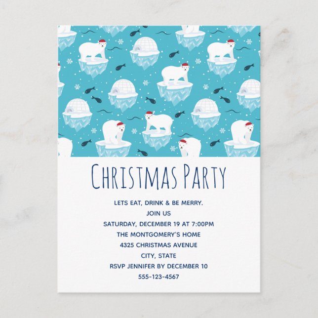 Invitation Carte Postale Mignons ours polaires en bonnets de Père Noël Fête (Devant)