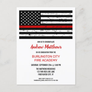 Invitation Carte Postale Mince Red Line Firefighter Incendie Academy Gradua