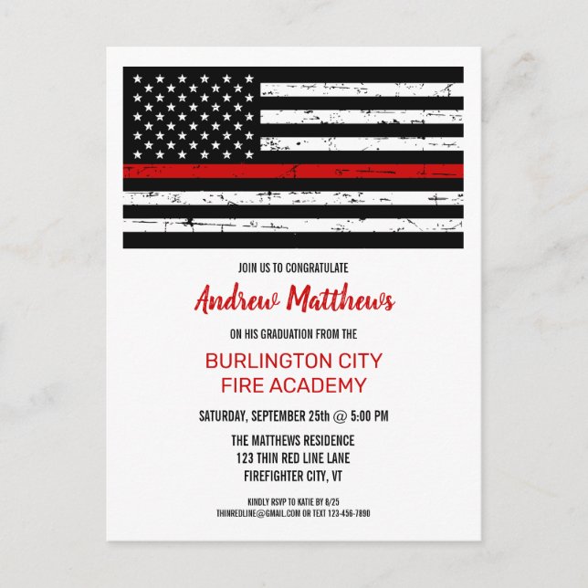 Invitation Carte Postale Mince Red Line Firefighter Incendie Academy Gradua (Devant)