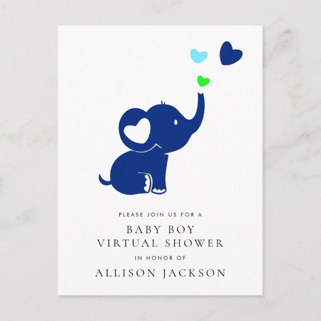 Invitation Carte Postale Minimal Blue Elephant Baby Boy Douche virtuelle (Devant)