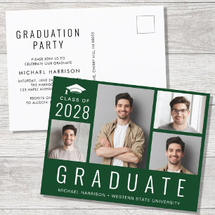 Invitation Carte Postale Minimal moderne 4 photo Green Graduation Party