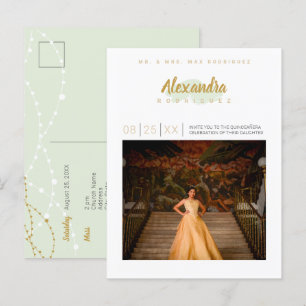 Invitation Carte Postale Mint Green et Gold Photo Quinceanera