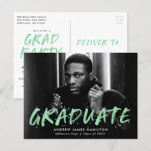 Invitation Carte Postale Mint Green Paint Splatter Photo Graduation Party
