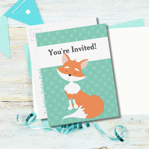 Invitation Carte Postale Mint Green Polka-Dots ・ Woodland Fox ・ Custom