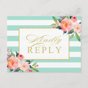 Invitation Carte Postale Mint Green Stripes Floral Gold Wedding RSVP