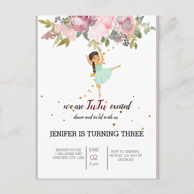 Invitation Carte Postale Minuscule danseur | Ballet Floral rose Fête Annive (Devant)
