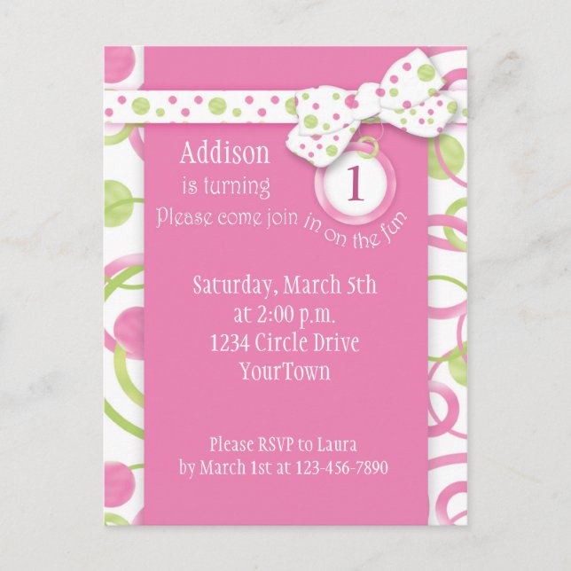 Invitation Carte Postale Mod Circles Girl's 1st Birthday Postcard Invitatio (Devant)