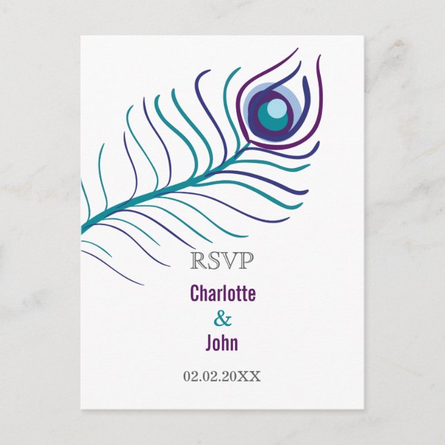 Invitation Carte Postale Mod violet, bleu turquoise paon mariage rsvp (Devant)