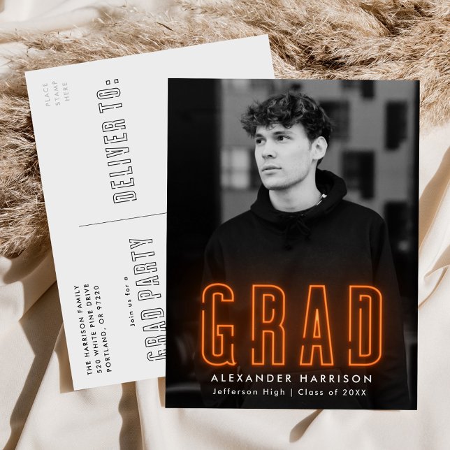 Invitation Carte Postale Modern Orange Neon Photo Graduation Party (Créateur téléchargé)