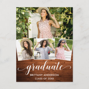 Invitation Carte Postale Moderne 4 Photo Calligraphie Wood Graduation Party
