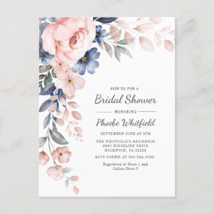 Invitation Carte Postale Moderne Floral Rustique Fête des mariées bleu rose