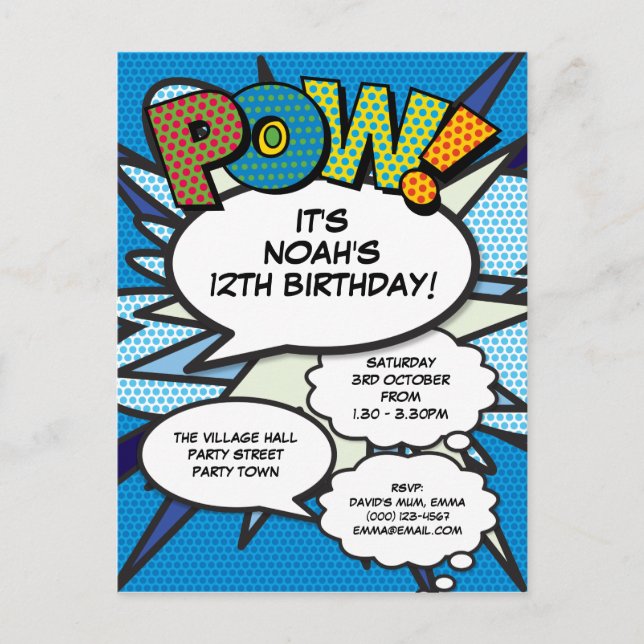 Invitation Carte Postale Moderne Fun Blue Birthday Comic POW N'importe quel (Devant)