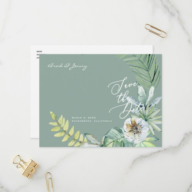 Invitation Carte Postale Moderne Mariage de feuillage tropical Sauvez la da (Devant/Arrière en situation)