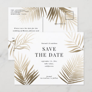 Invitation Carte Postale Moderne or feuille tropicale classe mariage élégan