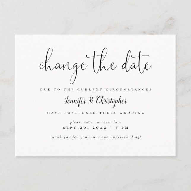 Invitation Carte Postale Modifier La Date Mariage De Script B&W Postponton (Devant)