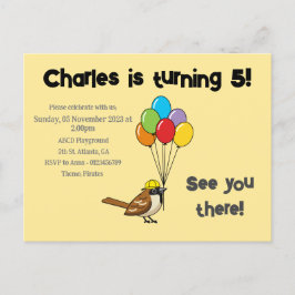 Invitation Carte Postale Moineau Mignon avec Ballons Anniversaire | Personn
