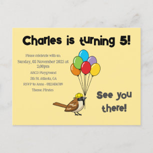 Invitation Carte Postale Moineau Mignon avec Ballons Anniversaire   Personn