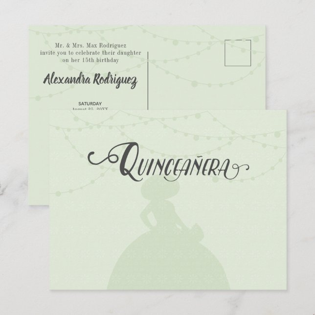Invitation Carte Postale Monnaie vert et acier Charro Silhouette Quinceaner (Devant / Derrière)