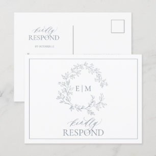 Invitation Carte Postale Monogramme de mariage bleu Dusty Crête feuillus RS