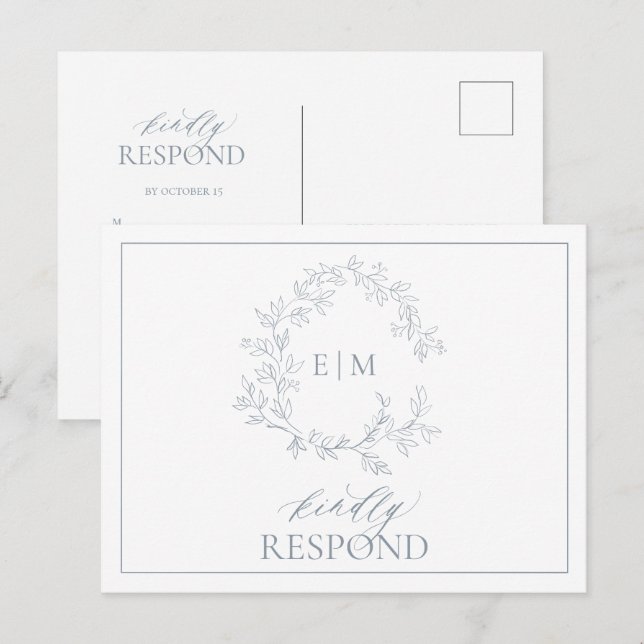Invitation Carte Postale Monogramme de mariage bleu Dusty Crête feuillus RS (Devant / Derrière)