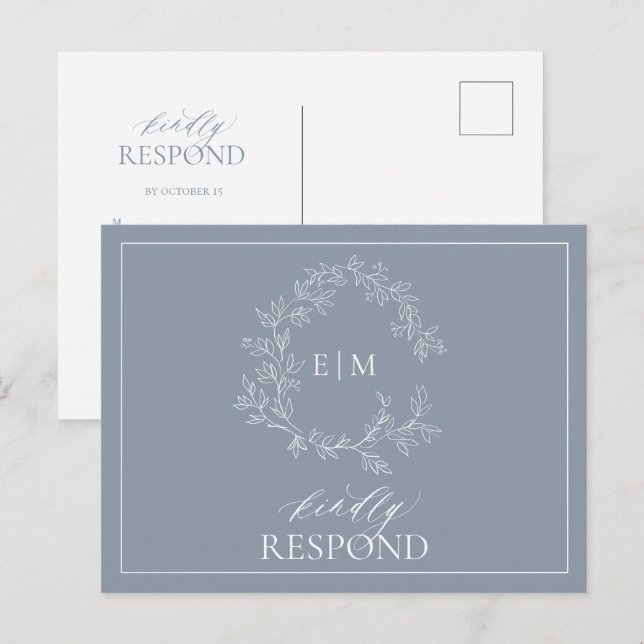 Invitation Carte Postale Monogramme de mariage bleu Dusty Crête feuillus RS (Devant / Derrière)