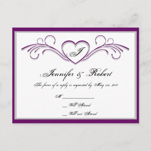 Invitation Carte Postale Monogramme RSVP de coeur violet et argenté (Devant)