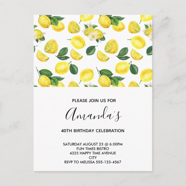 Invitation Carte Postale Motif d'aquarelle aux citrons jaunes (Devant)