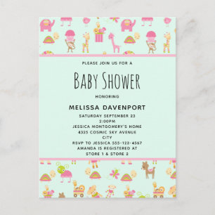 Invitation Carte Postale Motif mignon avec Baby shower d'animaux de pépiniè