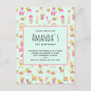 Invitation Carte Postale Motif mignon avec Nursery Animaux & Jouets Anniver