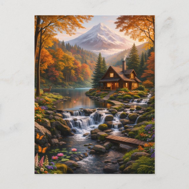 Invitation Carte Postale Mountain Cabin in Autumn Glow Serene Nature  (Devant)
