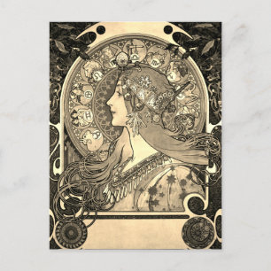 Invitation Carte Postale Mucha Art Nouveau Femme Vintage Zodiac La Pluma