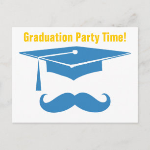 Invitation Carte Postale Mustache Graduation Bleu clair