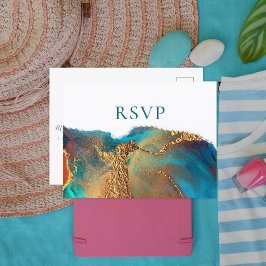 Invitation Carte Postale Mystique Abstrait Coral Turquoise Mariage d'or RSV