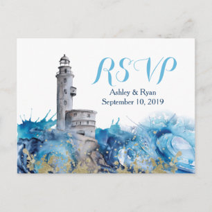 Invitation Carte Postale Nautical Lighthouse Waves Wedding RSVP