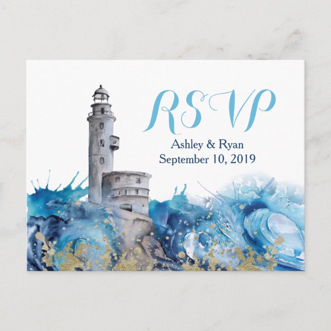 Invitation Carte Postale Nautical Lighthouse Waves Wedding RSVP (Devant)